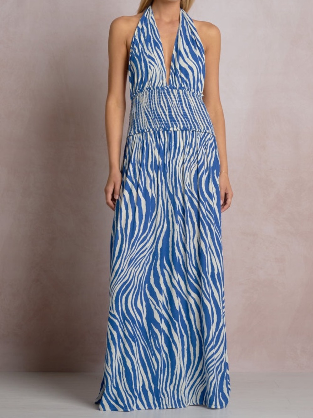 NWT Elan Blue white zebra Halter Maxi Dress Smocked Waist medium beach